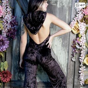 Warrior Within - Black Velvet Hooded Flare Jumpsuit
